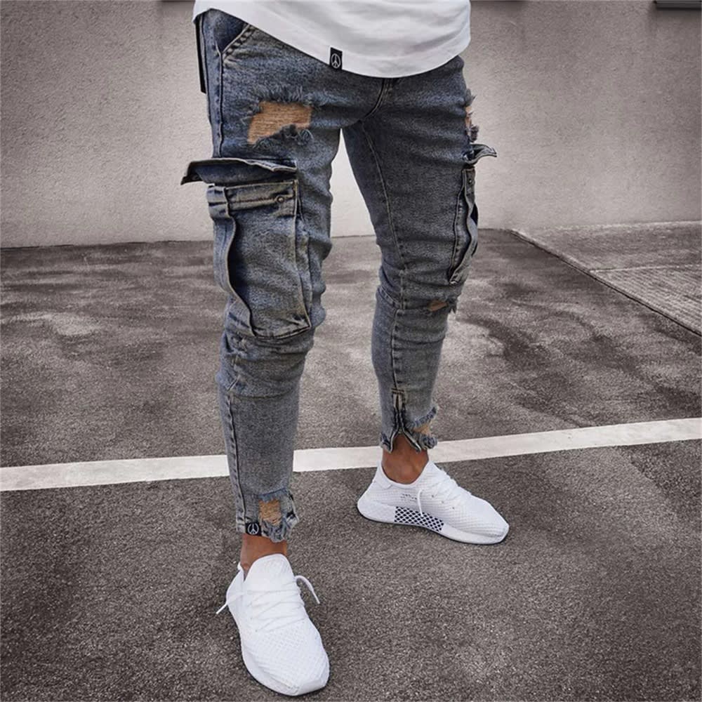 Spring Autumn Men's Casual Frayed Slim Fit Long Denim Pants